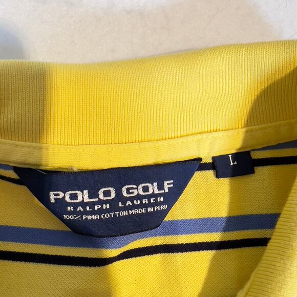 Polo Golf 100% Pima Cotton Polo Shirt Men Large Yellow Blue Stripe Short Sleeve - Picture 3 of 8